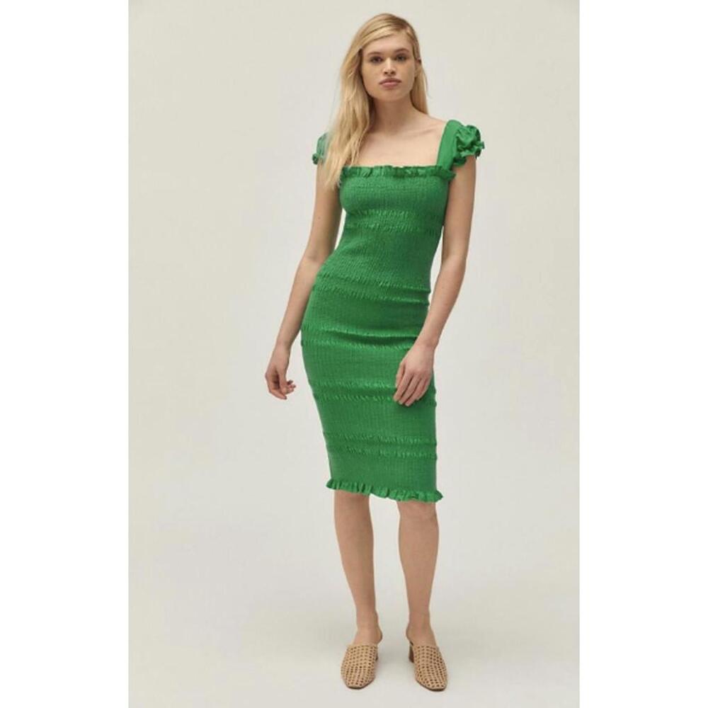 Capulet Green Ruffle Sleeve Square Neck Smocked Midi Dress - Size - Large